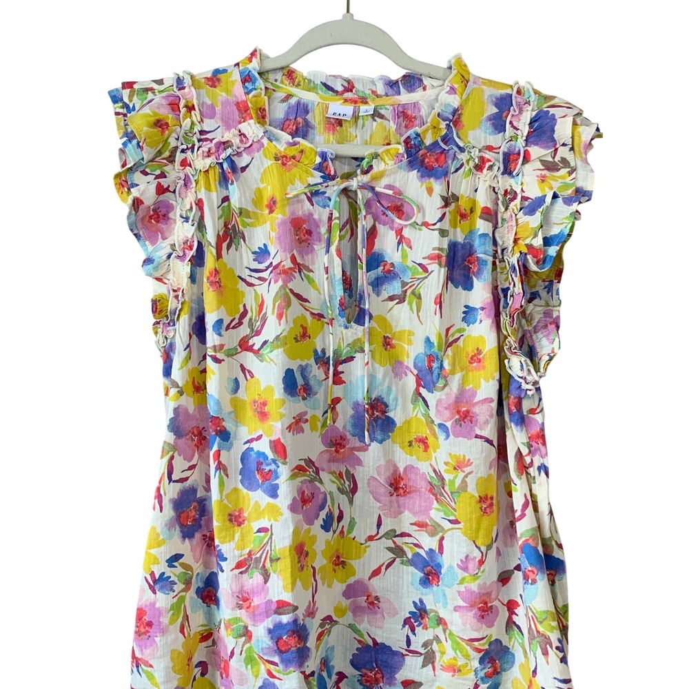 GAP Floral Ruffle Sleeveless‎ Blouse Tie Neck Multicolor Womens L - Picture 4 of 9